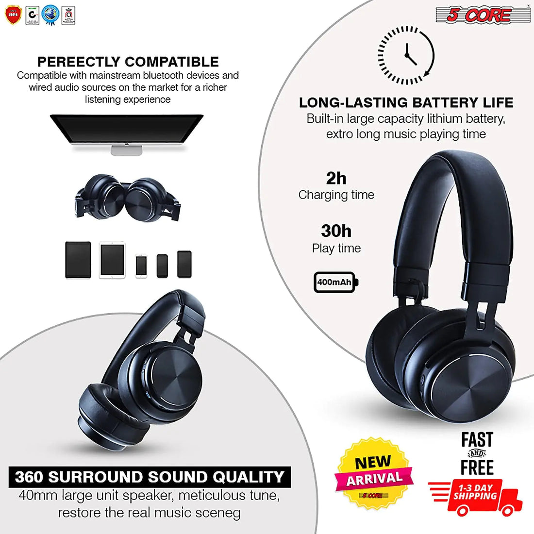 5Core Bluetooth Headphones Wireless Noise Cancelling Audifonos